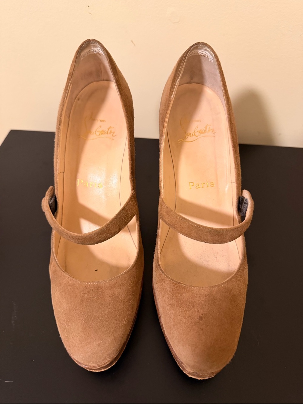 Christian Louboutin Tan Suede Mary Jane Wedges